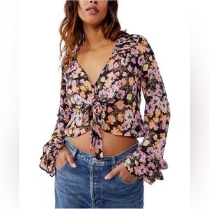 NWT Free People Maybel Blouse crop Floral Sheer Tie front bell sleeves